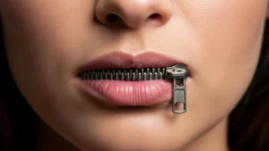 Woman with a zipped mouth representing silent or overlooked closing costs when buying a home