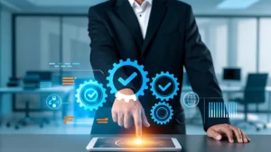 Businessman pointing at tablet with hologram gears representing expert guidance in Roswell GA real estate market