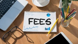 Paper marked FEES with office supplies showing HOA costs in North Atlanta communities