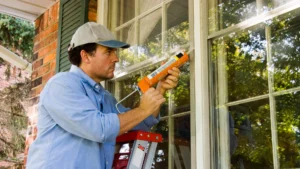 Homeowner repairing window as part of maintenance and reserve budgeting