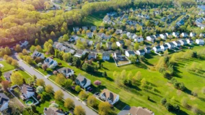 Aerial view of homes representing the types of properties selling around Lake Lanier