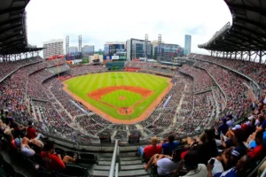 Aerial view of the Atlanta MLB Playoffs stadium, surrounded by the best sports bars in Atlanta for fans.
