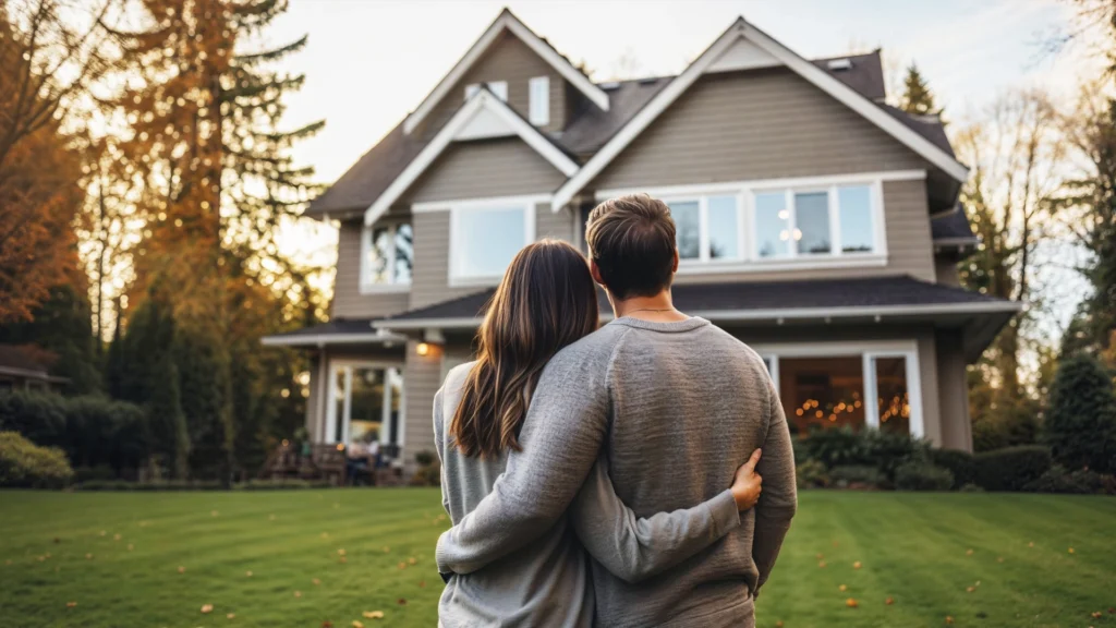 Couple standing in front of their newly purchased home in North Atlanta, planning for hidden homebuying costs