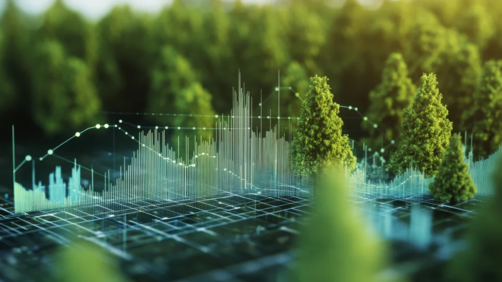 A forest landscape with digital market data overlay, symbolizing Lake Lanier Real Estate Trends 2025 insights
