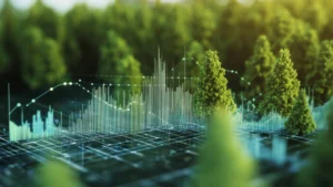 A forest landscape with digital market data overlay, symbolizing Lake Lanier Real Estate Trends 2025 insights