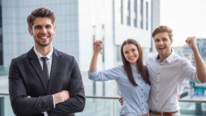 Confident realtor with smiling couple representing guidance for navigating the Woodstock housing journey