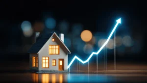 Miniature house with glowing line graph representing Roswell GA Real Estate Market 2025 trends