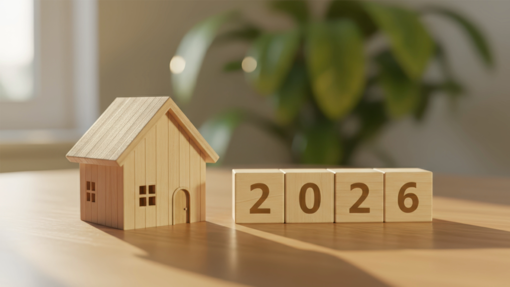 A wooden home under construction in North Atlanta featuring wood-style siding, roof tiles, and a visible 2026 sign