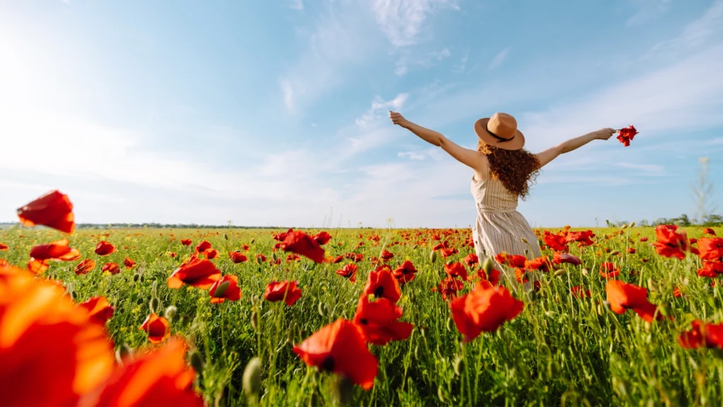 Peaceful spring scene of woman in flowers reflecting spring activities in North Atlanta and scenic views
