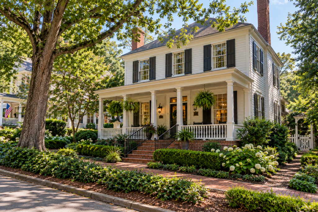 historic home in Roswell, GA with trees and porch